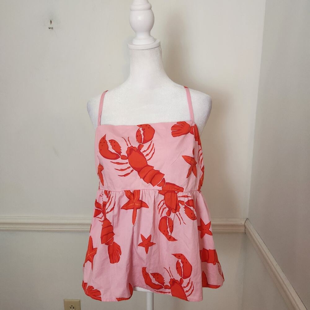 New J Crew Tank Top Size 10 Womens Lobster Tie Babydoll Toe Back Shirt Pink Red